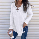 Solid V Neck Strap Long Sleeve Shirt