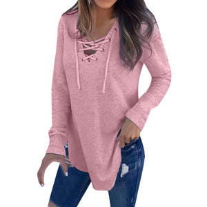 Solid V Neck Strap Long Sleeve Shirt