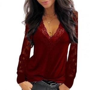 Pullover V Neck Lace See Through Long Sleeve